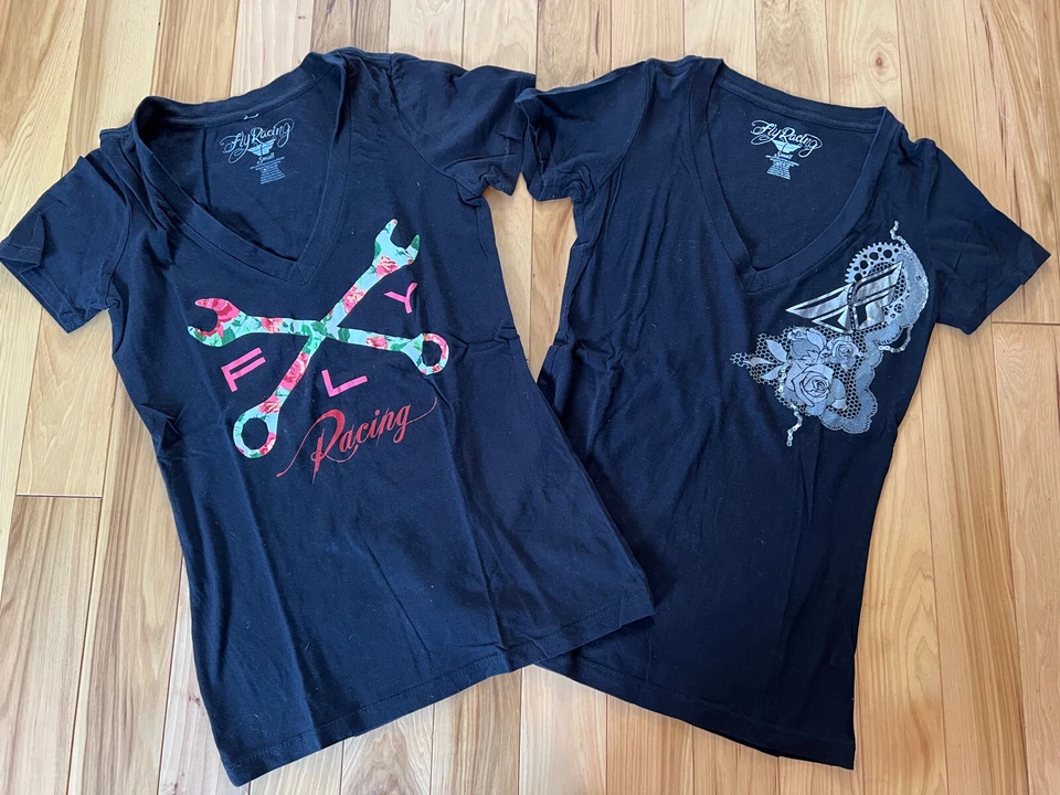 Fly Racing Women's Jr. Sz Small Black V-Neck Floral Wrench Chain T-Shirt - Image 1 of 4