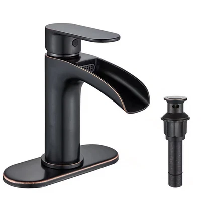 Waterfall Single Hole & Handle Mid-Arc Bathroom Sink Faucet w/ Deckplate & Drain - Image 1 of 4