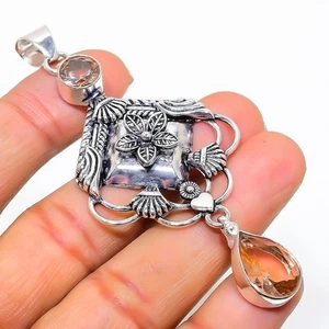 Peach Morganite Gemstone Handmade 925 Sterling Silver Jewelry Pendant Size 3.2" - Picture 1 of 1