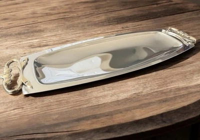 Kromex Silver Decorative Mid Century Metal Serving Tray With Gold Tone Handles - Image 1 of 4
