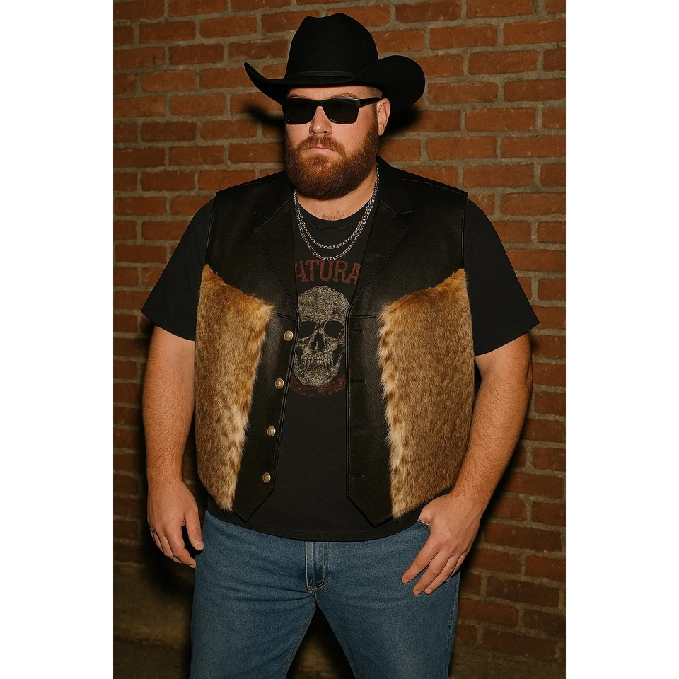 Saguaro West Men’s Leather Fur Biker Vest Plus Size 3XL Custom XXL - Image 1 of 4