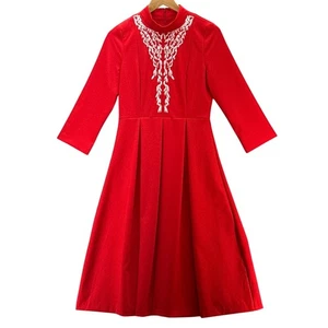 Vestido Delicado Jewells Rojo Cuello Simulado Manga Larga Bordado Línea A Mujer Pequeño - Imagen 1 de 7