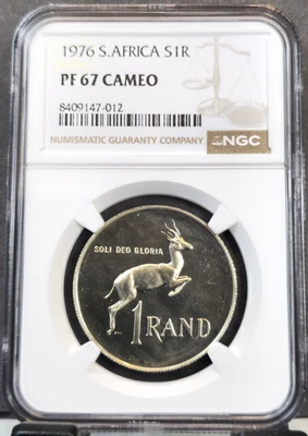 1976 SOUTH AFRICA SILVER 1 RAND SPRINGBOK NGC PF 67 CAMEO SCARCE GEM PROOF - Image 1 of 3