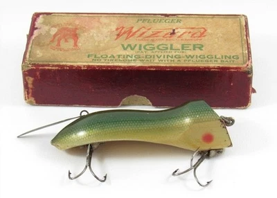 复古 Pflueger Natural Chub Wizard Wiggler Lure 非常罕见的早期栗色盒 — 第 1/4 张图片