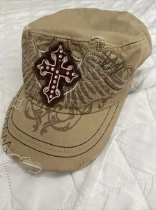 Leader Original Vintage Hat Cap Horseshoe Rhinestone Bling Cross BeigeDistressed - Picture 1 of 5