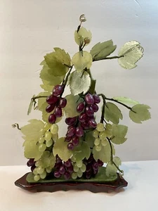 Heavy Vintage Alabaster Grapes Sculpture Fruit Cluster Tree Wood Base - Picture 1 of 8