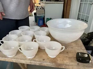 Anchor Hocking Milk glass white punch or salad bowl With 12 Cups Mugs - Picture 1 of 7