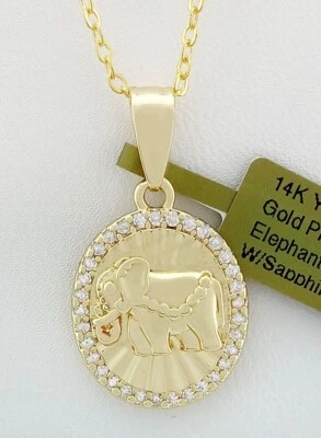 LAB CREATED WHITE SAPPHIRE ELEPHANT PENDANT NECKLACE 14K YELLOW GOLD PLATED - Image 1 of 4