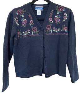 Pendleton Cardigan Sweater Womens Small Dark Blue Embroidered Flowers - Picture 1 of 6