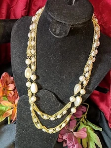Vtg Hong Kong Bead & Chain 42" Opera Necklace Faux Baroque Pearl & GP Chains - Picture 1 of 19