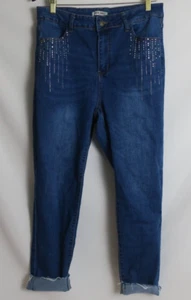 Satin Doll Jeans Denim Dark Blue Size 12 Front Embellished Rhinestones Cutoff - Picture 1 of 8