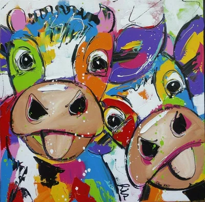 CHIHUAHUA COLOURFUL DOG & COW ABSTRACT CANVAS WALL ART DECOR  16X16 INCH QTY 3 - Image 1 of 3