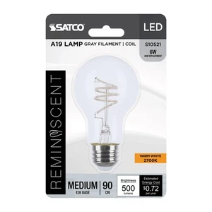 Satco S10521 - 6 Watt LED A19 Filament Light Bulbs - 2700K (1,2, 6 or 12 Pack) - Picture 1 of 9