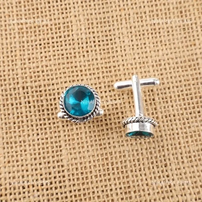 Gemelos clásicos de plata de ley 925 con piedras preciosas de apatita azules para boda cumpleaños Foto 1 de 4