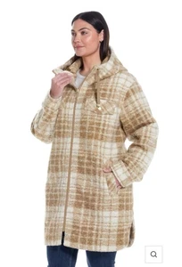 Weatherproof Women’s XXL Hooded Sherpa Zip Jacket Tan Brown Plaid NWOT - Picture 1 of 15