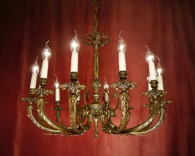 antique chandeliers brass ceiling fixtures  bronze 12 lamps 6 arms Ø 28" - Image 1 of 4