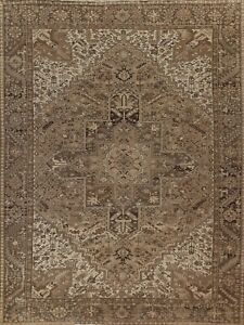 Vintage Muted Geometric Heriz Traditional Wool 10x12 Area Rug Handmade Carpet