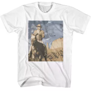 Camiseta para hombre John Wayne American Legend de doble exposición bandera cabalgando en el desierto - Imagen 1 de 3