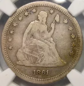 1861 S LIBERTY SEATED SILVER QUARTER APPEALN VERY SCARCE SEMI KEY DATE NGC VF 20 - Picture 1 of 4