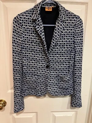 Tory Burch Women LINED Blazer Size S NAVY BLUE DESIGN/WHITE 3 BUTTONS ON SLEEVES - Image 1 of 4