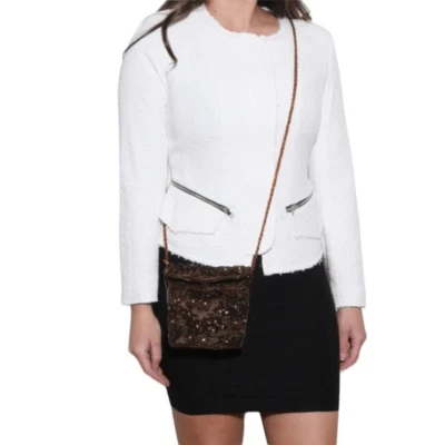 Blazer Gibson Raw Edge tweed zíper frontal off white e preto tamanho médio/M - Imagem 1 de 4