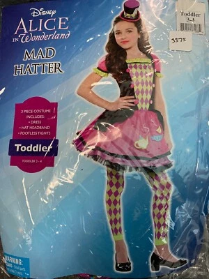 Disney Alice In Wonderland Miss Mad Hatter Costume Dress Tea Party Toddler 3-4 - Image 1 of 3