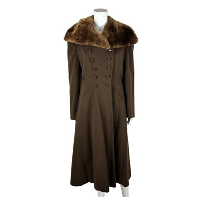 Abrigo Princesa Vintage Años 40 Marrón Lana Cuello Piel Abrigo Bolsillos en Ángulo M/L Foto 1 de 4