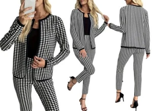 Womens Hounds Tooth 2 Piece Pantsuit Dogtooth Cardigan & Trouser Knit Tracksuit - Picture 1 of 4