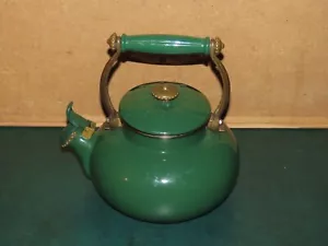GREEN ENAMEL TEA KETTLE BRASS HANDLE MID CENTURY WHISTLER - Picture 1 of 6