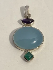 Blauer Chalcedon grüner Onyx & Amethyst 925 Sterling Silber Anhänger Neu ohne Kette - Bild 1 von 16