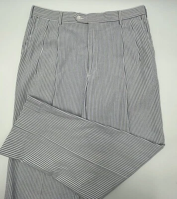 T HARRIS LONDON~MENS BLUE WHITE STRIPE SEERSUCKER LONG PLEATED PANTS SIZE 36x30 - Image 1 of 4