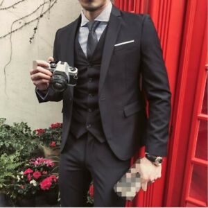 Men's Formal Dress Business 3 Piece Suit Wedding Slim Fit Blazer Jacket Vest L 