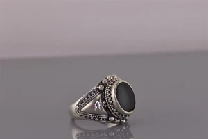 Sterling Silver Black Oval Onyx Beaded Bezel Trim Band Ring 925 Sz: 6 - Picture 1 of 8