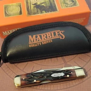 Marbles Swing Guard Knife Lockback Bone Stag Handles Etched Clip Point Blade - Picture 1 of 9