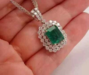 2Ct Emerald Cut Lab Created Green Emerald Halo Pendant 14k White Gold Plated - Picture 1 of 7