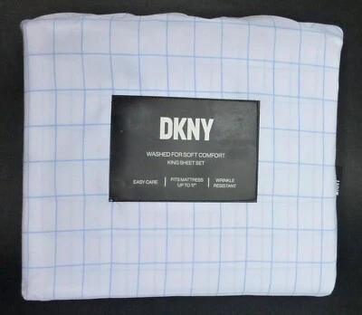 Novo conjunto de lençóis DKNY 4 peças janela KING azul branco xadrez conforto macio - Imagem 1 de 3