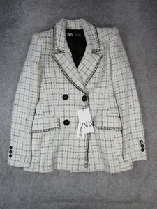 Zara Sports Coat Womens Xs Ivory Black Blazer New - Picture 1 of 8