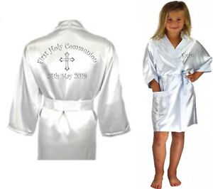 Children's Personalised Holy Communion Confirmation Day Satin Silky Robe Child's