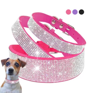 Full Bling Rhinestones Diamante Pet Dog Collar Suede Leather Small Medium Large - Picture 1 of 18