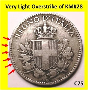 HEX 20c COIN 1919 Italy KM#58 copper-nickel VERY LIGHT OVERSTRIKE of KM#28 (C75) - Picture 1 of 10