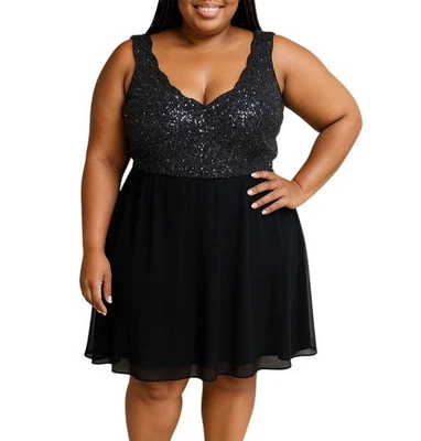 Charlotte Russe Size Large Dress Sequin Chiffon V-Neck Fit & Flare Cocktail - Image 1 of 4