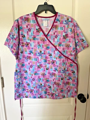 SB Scrubs Ladies Scrub Top Size M  Pink with Purples & Blues with Shapes&Flowers - Image 1 of 4