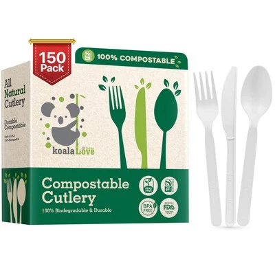 Cuchillos cubiertos 100% compostables tenedores cucharas 150 grandes desechables biodegradables... Foto 1 de 4