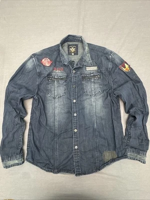 Hama Denim Co 2XL Button Up Shirt Patchwork Distressed Embroidered Vintage Look - Image 1 of 4