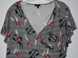 Talbots Petites XLp Stretch Top Faux Wrap Nautical Stripes Anchors V-neck Shirt - Picture 1 of 17