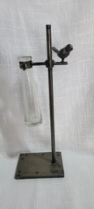 Glass Beaker Bud Vase On Wrought Iron Stand Bird Figurine Perched On Top 14.5" H - Picture 1 of 9