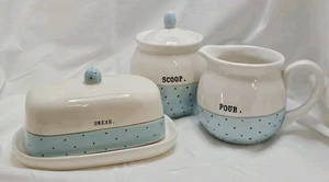 RAE DUNN Polka Dot Light Blue and White Creamer, Sugar, & Butter Set  - Picture 1 of 21