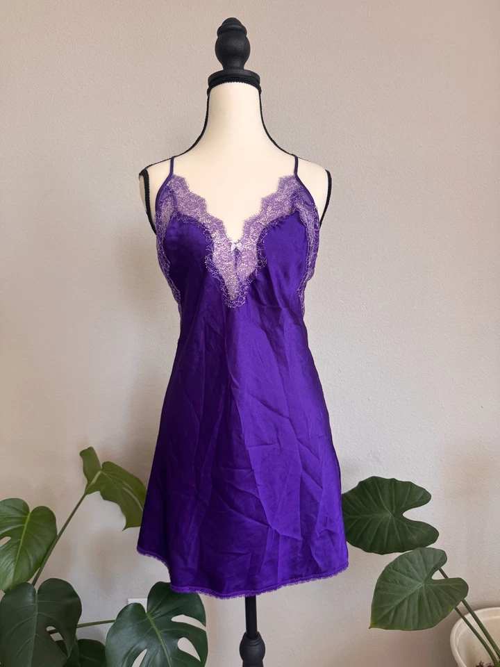 Victoria's Secret Purple Satin Lace Chemise Slip Crisscross Back Size L - Image 1 of 4