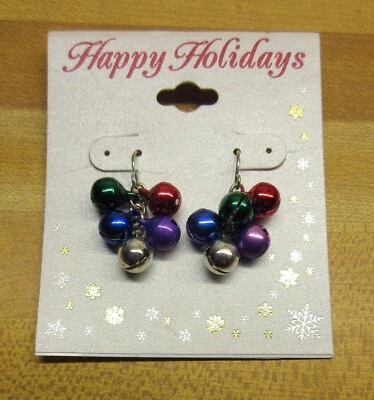 new KOHL'S HOLIDAY Silver tone red blue green JINGLE BELL pierced earrings - Image 1 of 3