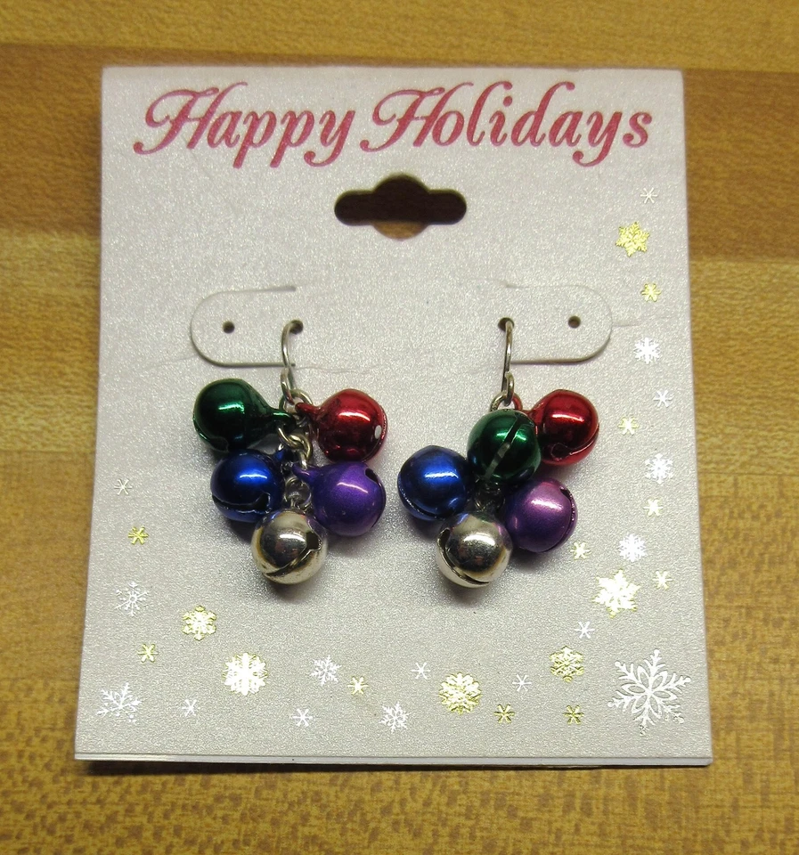 KOHL'S HOLIDAY Silver tone red blue green JINGLE BELL pierced earrings
